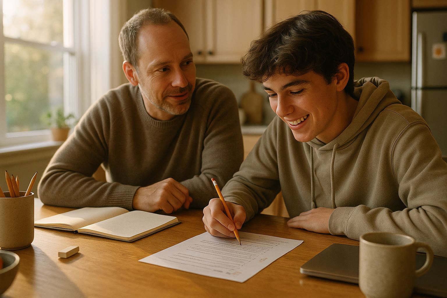 Photo Idea : A warm, candid photo of a parent and teen at a kitchen table. The teen is smiling while marking up a practice test; the parent listens with an encouraging expression. Natural light, soft focus.