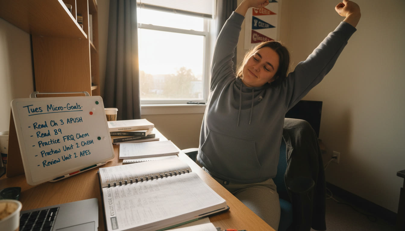 Photo Idea : A relaxed after-study scene: a student stretching after a study session with a planner showing completed checkboxes and a small whiteboard listing next-day micro-goals.