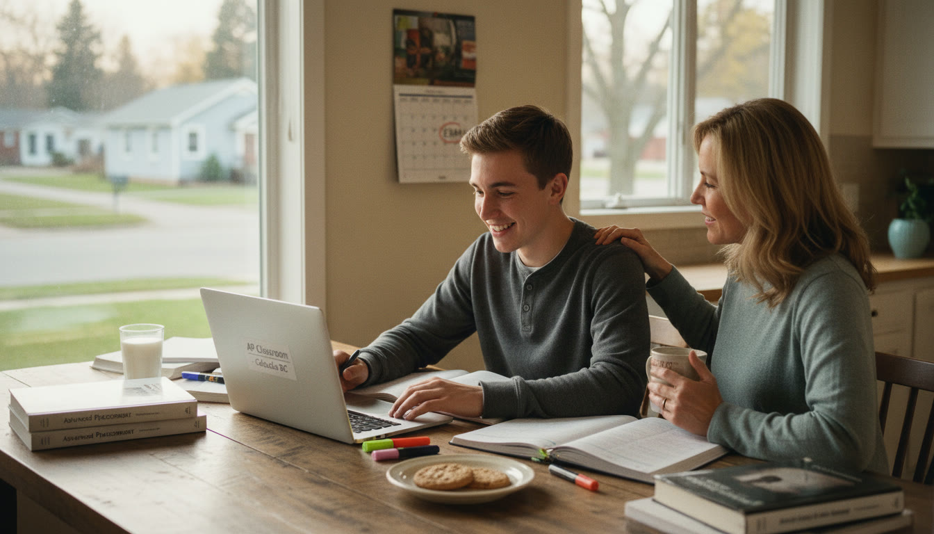 Photo Idea : A warm, candid photo of a student studying at a kitchen table with a laptop, notebooks, and a parent beside them captures the small-town, family-supported prep vibe.