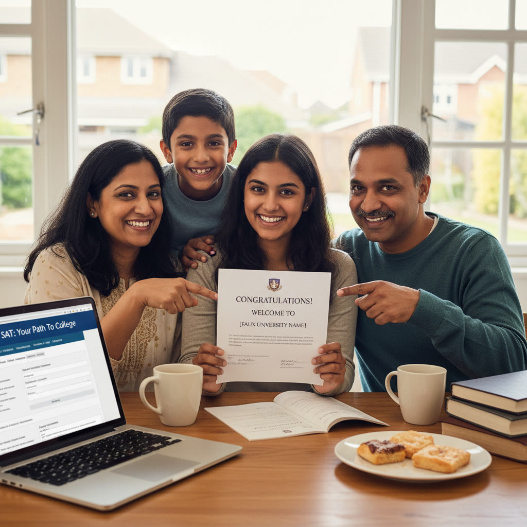 Photo Idea : A proud family reviewing a college acceptance letter together at a kitchen table, with a laptop open to a college application — evokes the culmination of planning, testing, and support.