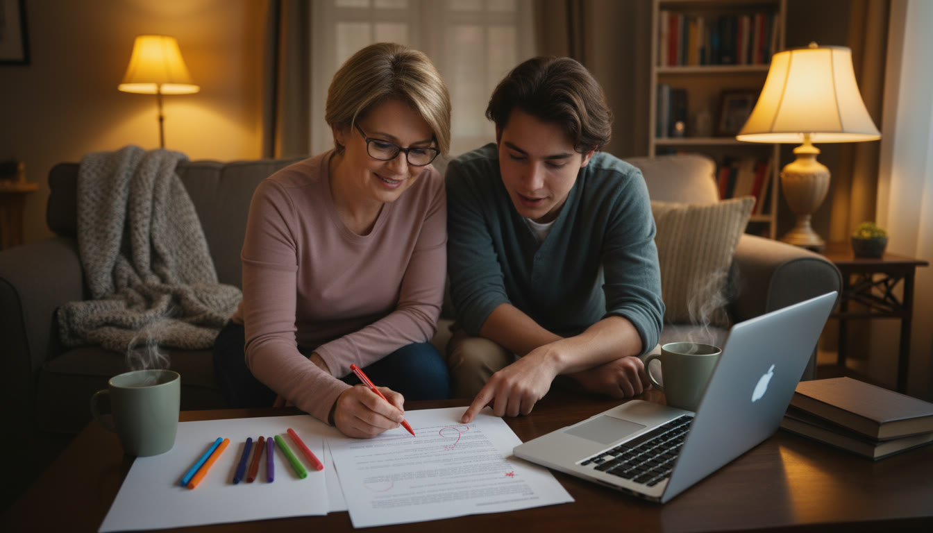 Photo Idea : A cozy evening scene where a parent is reviewing a student’s essay with colored pens and a laptop nearby; captures calm, collaborative revision rather than criticism.