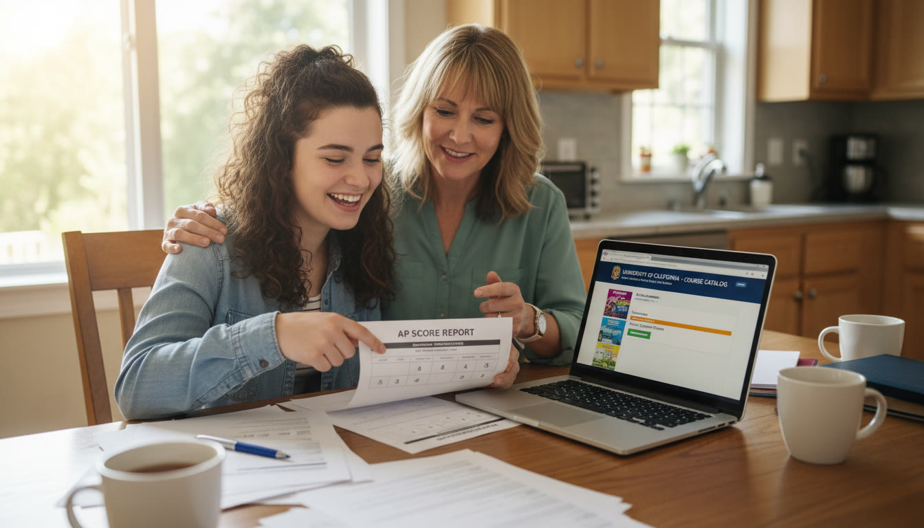 Photo Idea : A bright, candid photo of a high-school student and their parent reviewing AP score reports and a laptop showing a college course catalog — warm, collaborative, and hopeful.