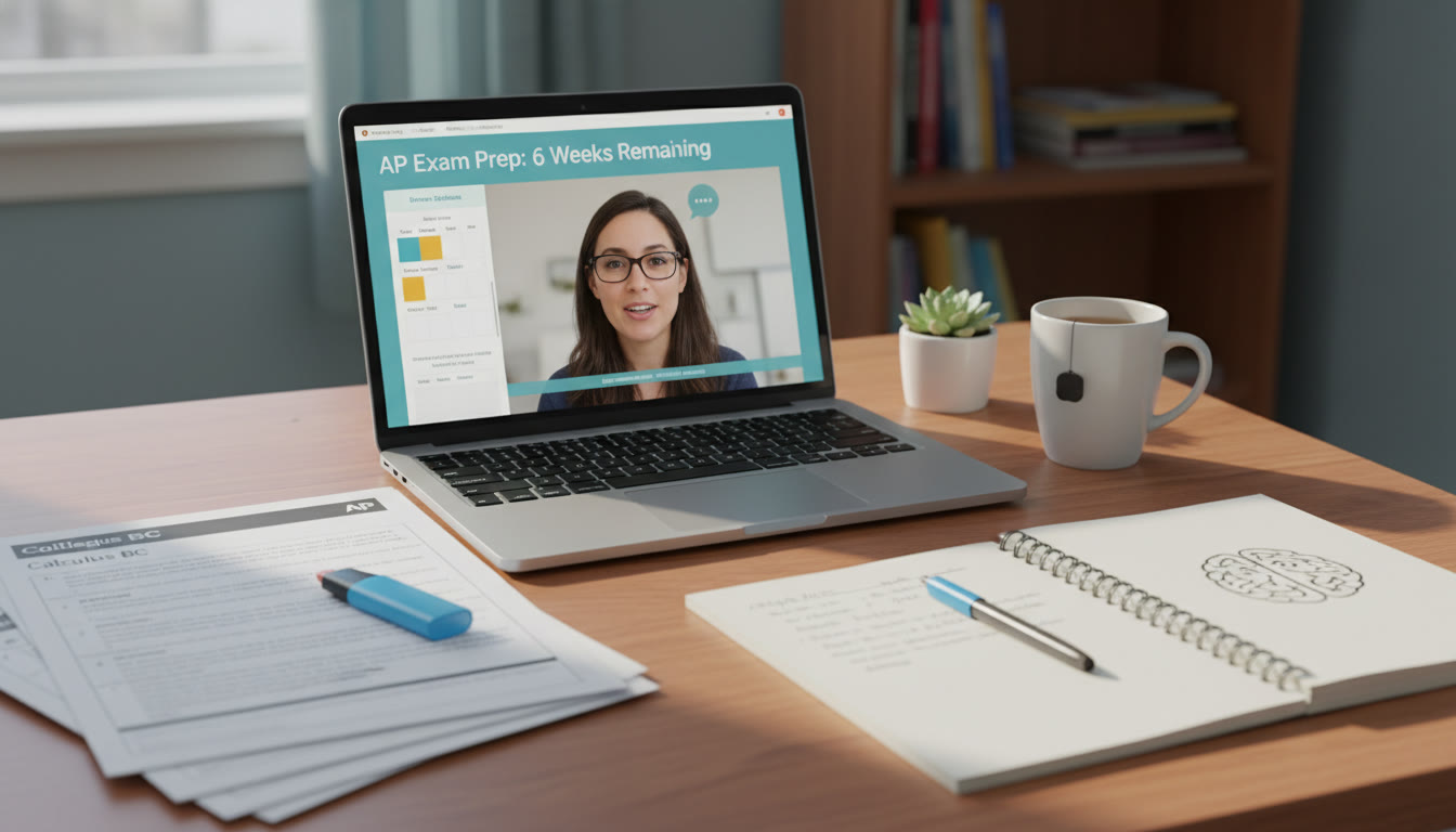 Photo Idea : A calm study scene: a neat desk with practice exam printouts, a laptop open to a personalized study plan, and a friendly tutor on the screen — conveys recovery, planning, and support.