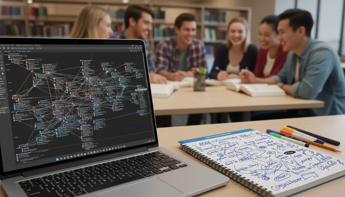 Photo Idea : Close-up of Obsidian graph view on a laptop screen with a notepad beside it showing scribbled links—visualizes the networked knowledge students build across AP topics.
