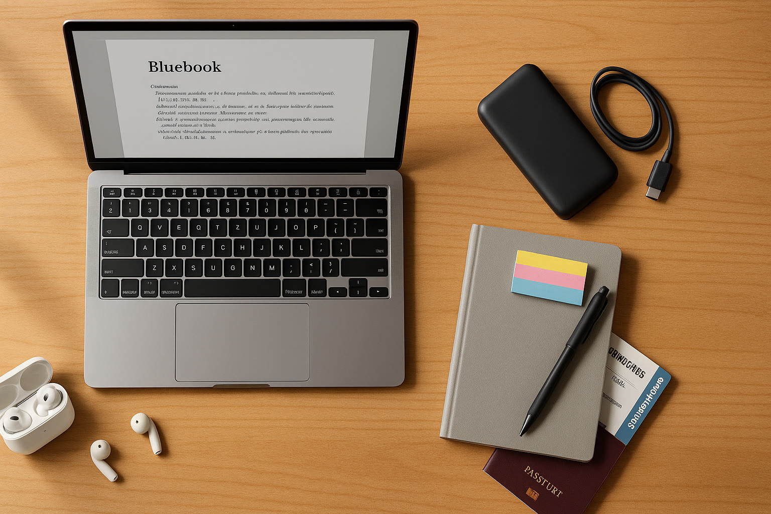 Photo Idea : A flat lay of travel tech essentials — laptop with Bluebook open, portable charger, earbuds, and a small notebook with sticky notes.