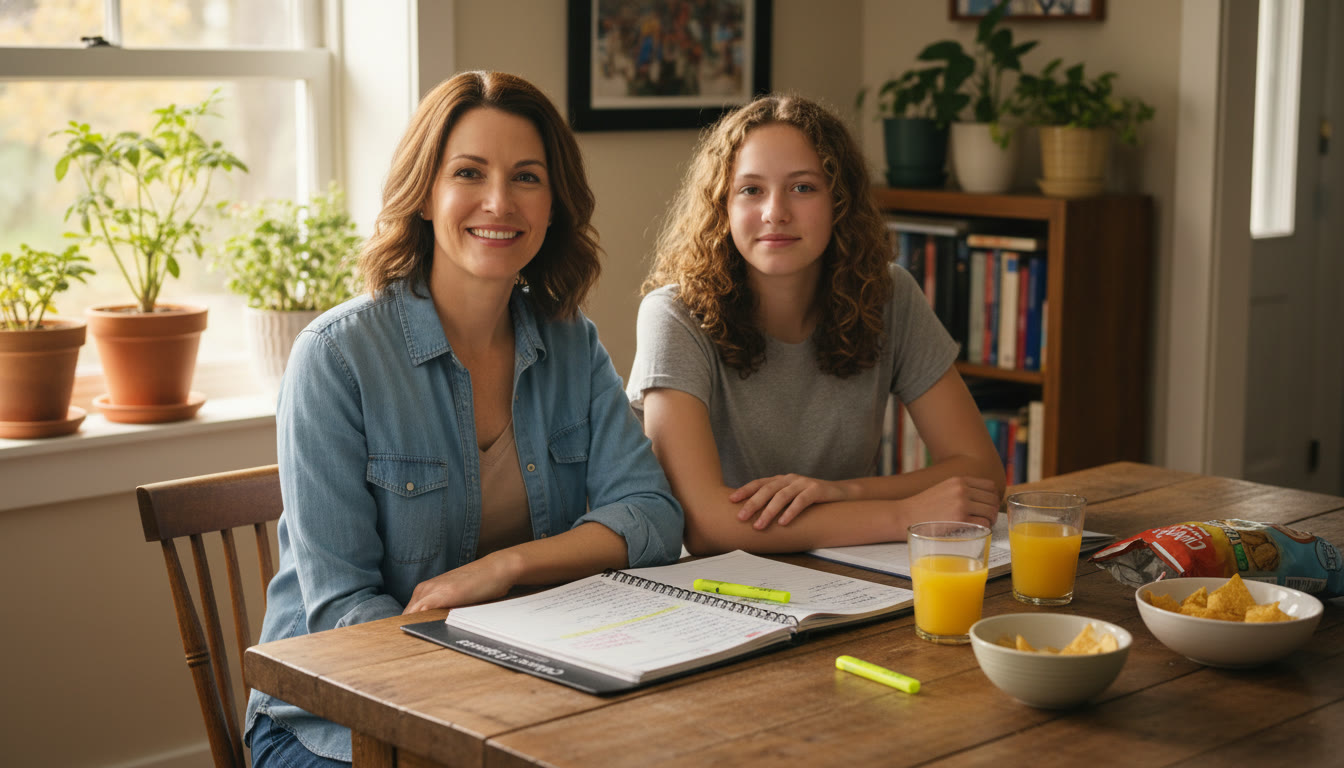 Photo Idea : A warm, natural photo of a parent and teen sitting at a kitchen table with a planner and snacks laid out — relaxed body language, soft light.