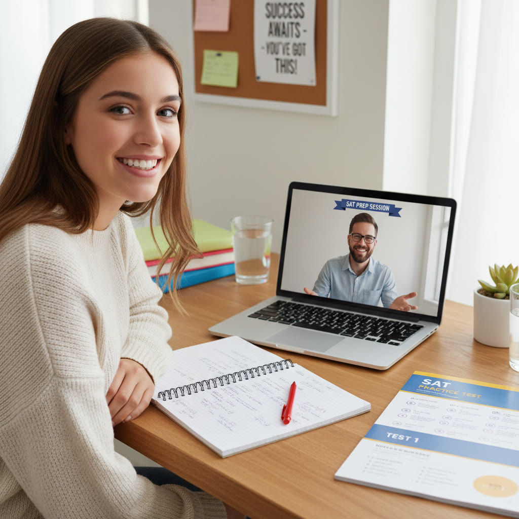 Portrait-style photo idea: a focused student smiling at a laptop while working with a tutor over video; the scene should show notes, a practice test, and a calm study space to convey supportive 1-on-1 tutoring.