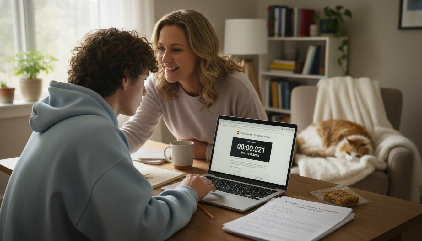 Photo Idea : A focused, cozy study scene with a student taking a timed practice exam on a laptop, a printed rubric beside them, and a parent offering calm encouragement nearby.
