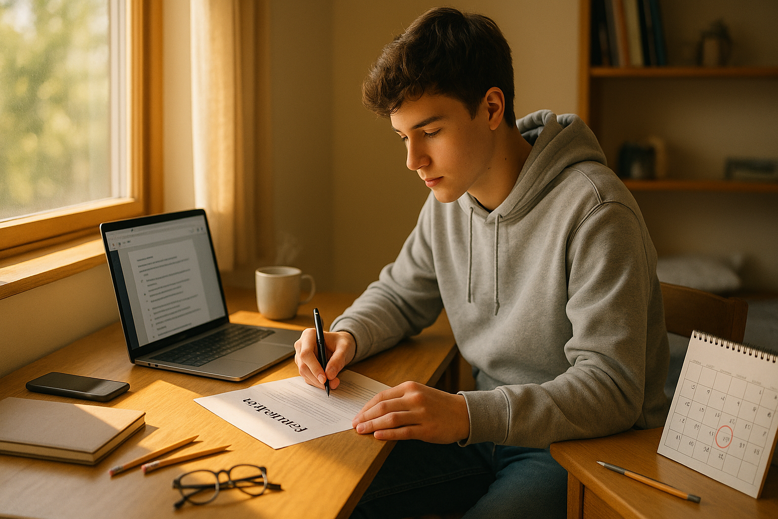 Photo Idea : A high school student at a desk with a laptop and practice test booklet, sunlight coming through a window; a calendar with test-date circled sits beside them.