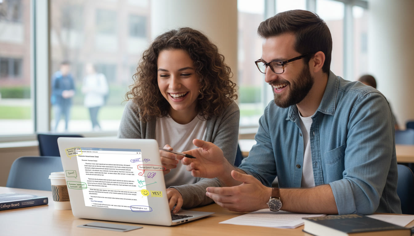 Photo Idea : A smiling tutor and student reviewing an essay on a laptop, with annotated comments visible—conveys personalized tutoring and collaborative revision.