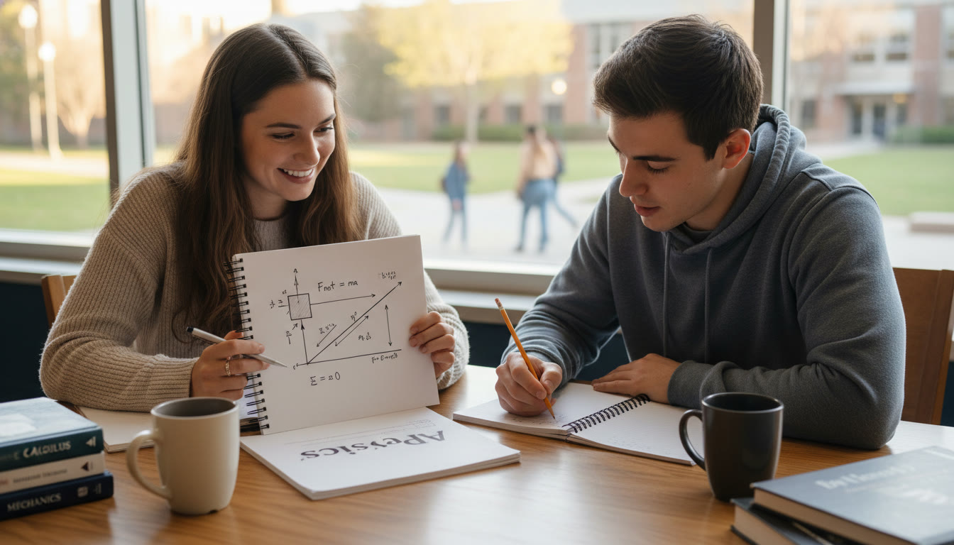 Photo Idea : A student and a tutor sitting at a table reviewing a notebook full of diagrams and equations; the tutor points to a free-body diagram while the student makes notes. Warm, collaborative vibe to suggest personalized tutoring and focused learning.
