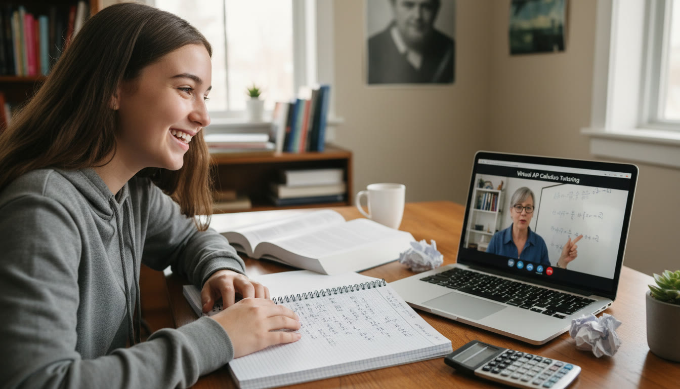 Photo Idea : A bright, candid photo of a high school student at a desk, surrounded by math notes and an open laptop with a virtual tutoring session on screen — conveys focused preparation and personalized learning.