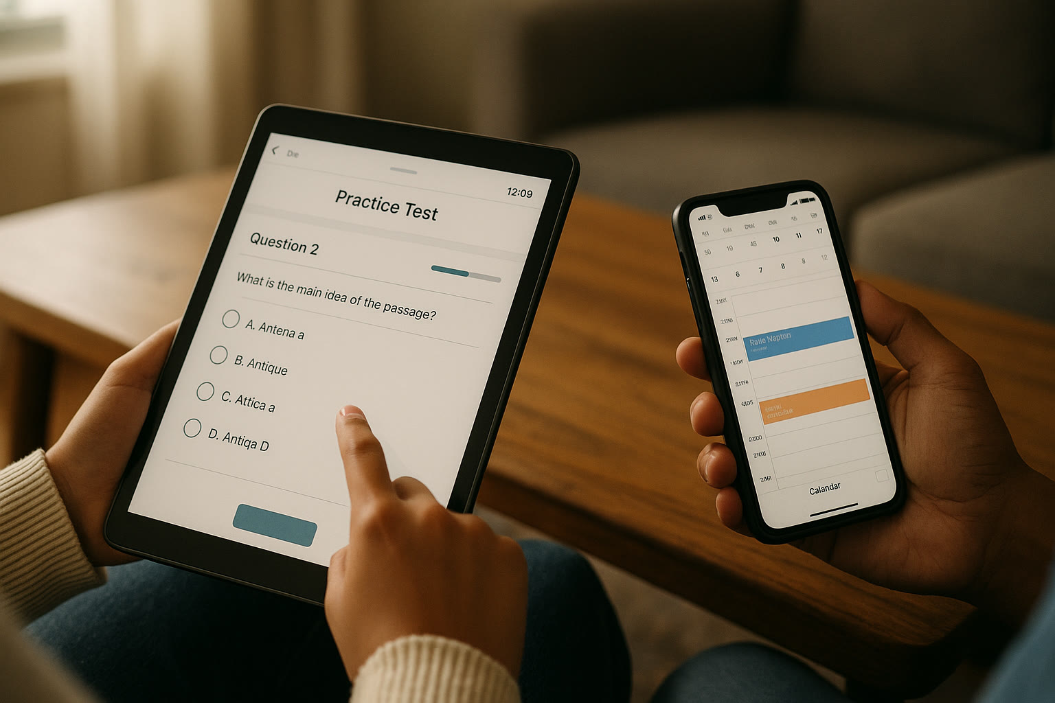 Photo Idea : Close-up of a student taking a digital practice test on a tablet with a parent nearby checking the shared calendar on a smartphone.