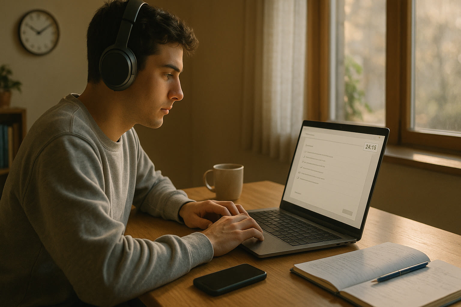 Photo Idea : A quiet Saturday morning scene: a student wearing headphones taking a practice test on a laptop with a notebook open and a timer visible—calm, focused atmosphere.