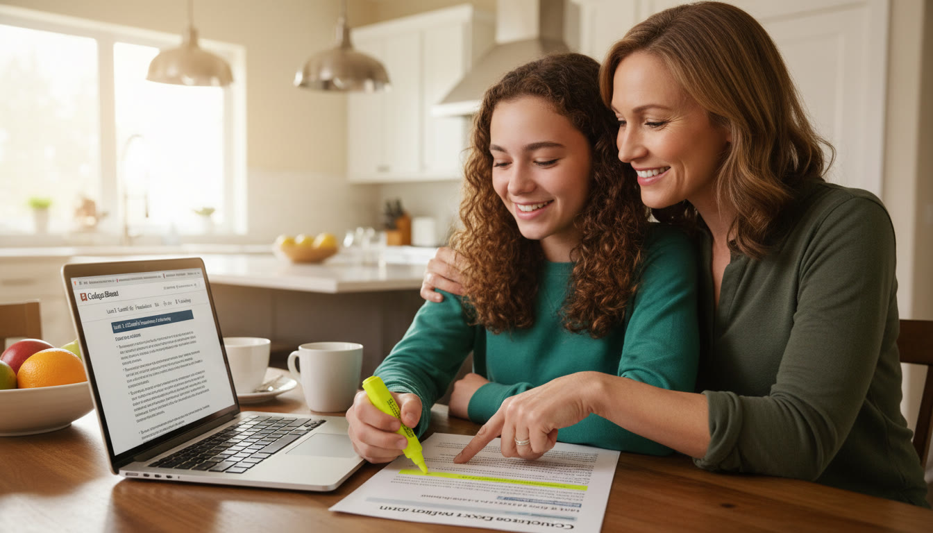 Photo Idea : A smiling high school student and parent sitting at a kitchen table with an open laptop and printed CED page, highlighting a section together — warm lighting, casual setting.