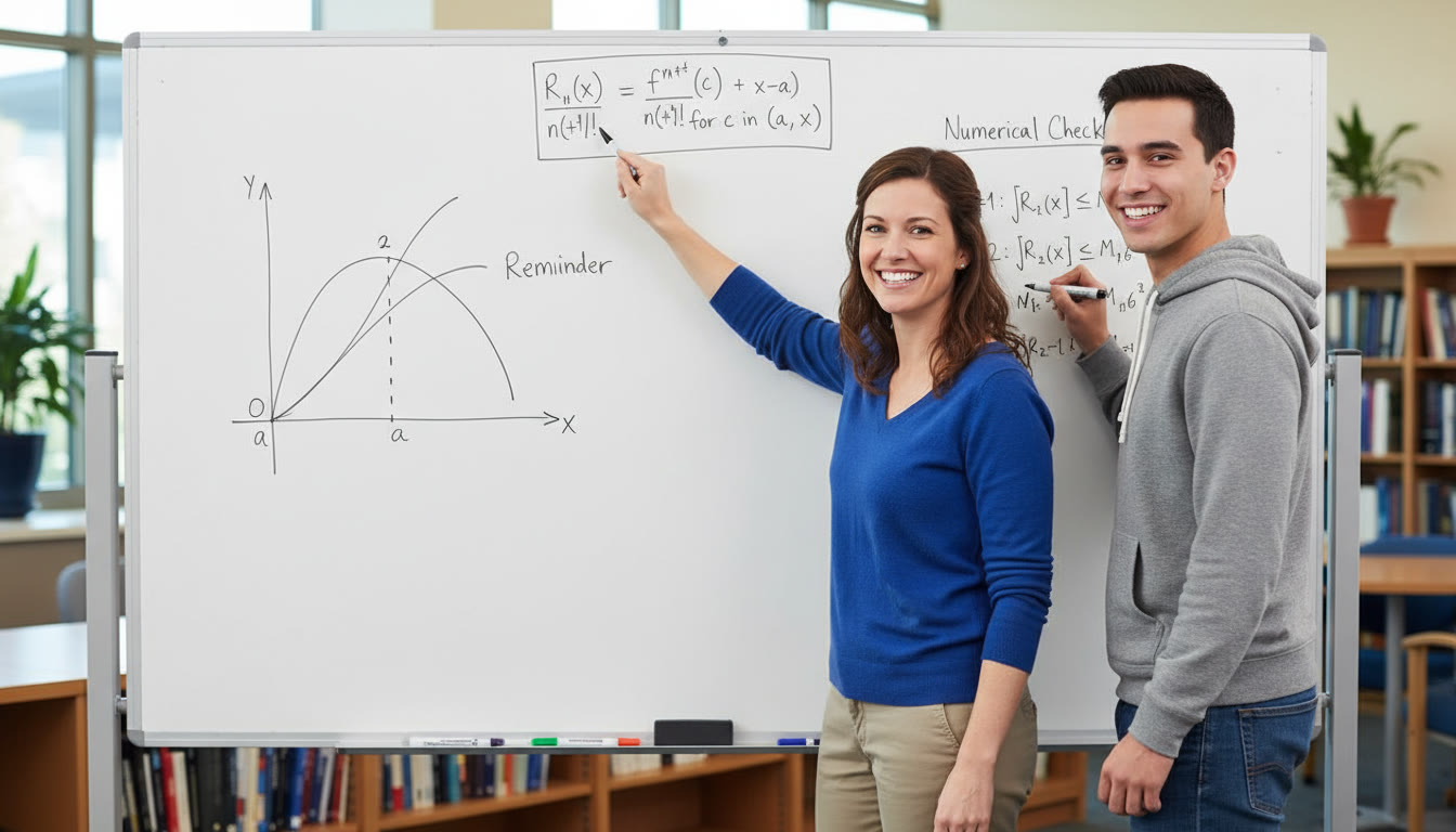 Photo Idea : A tutor and student at a whiteboard deriving a Taylor remainder bound with a clear diagram; the tutor points at the Lagrange formula while the student writes numerical checks.