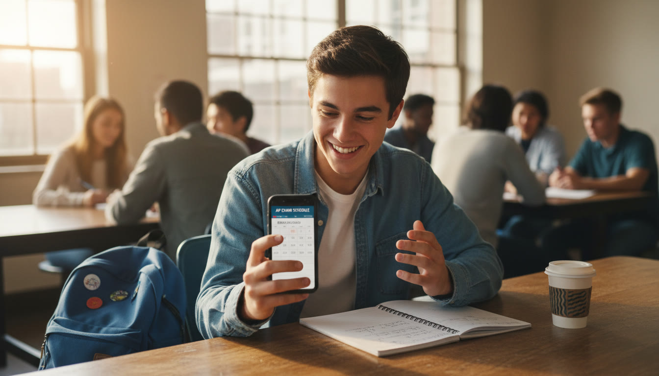 Photo Idea : A high school student checking their AP exam schedule on a phone at a cafeteria table, with a backpack and notebook—natural light, candid feel.
