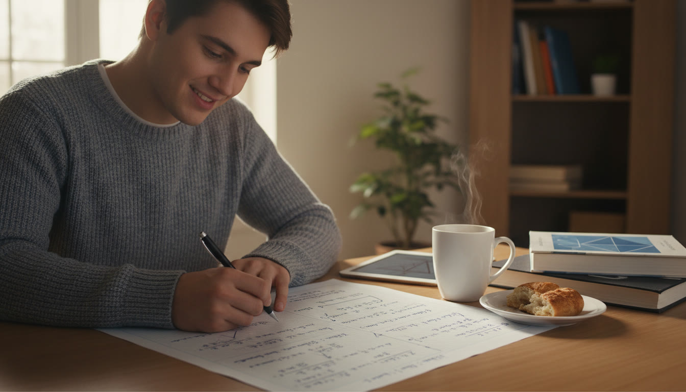 Photo Idea : A student at a desk writing a solution on graph paper, with neatly labeled steps and a cup of coffee nearby. The photo should feel calm and focused, capturing the deliberate act of turning math into words.