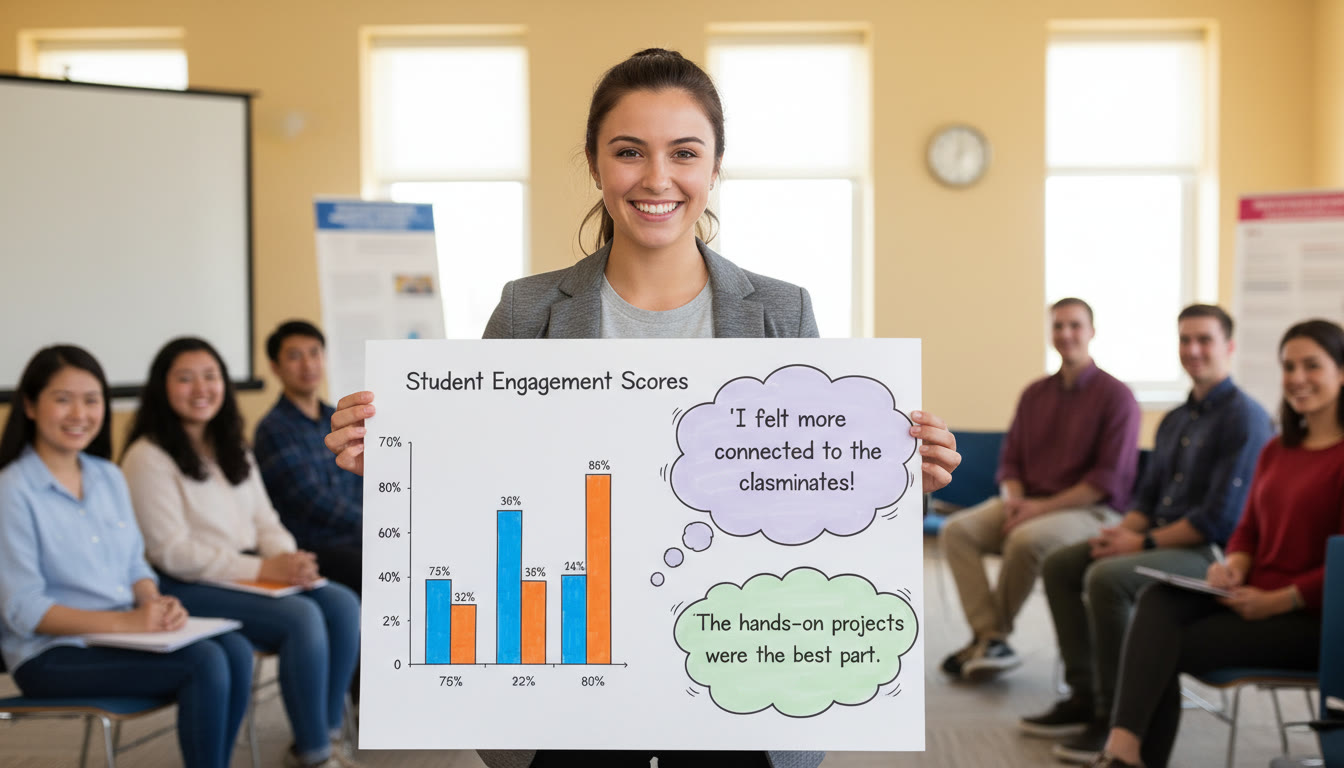 Photo Idea : A close-up of a student presenting a poster or slide with a graph and a quote bubble, representing mixed methods results—numbers and narratives together.
