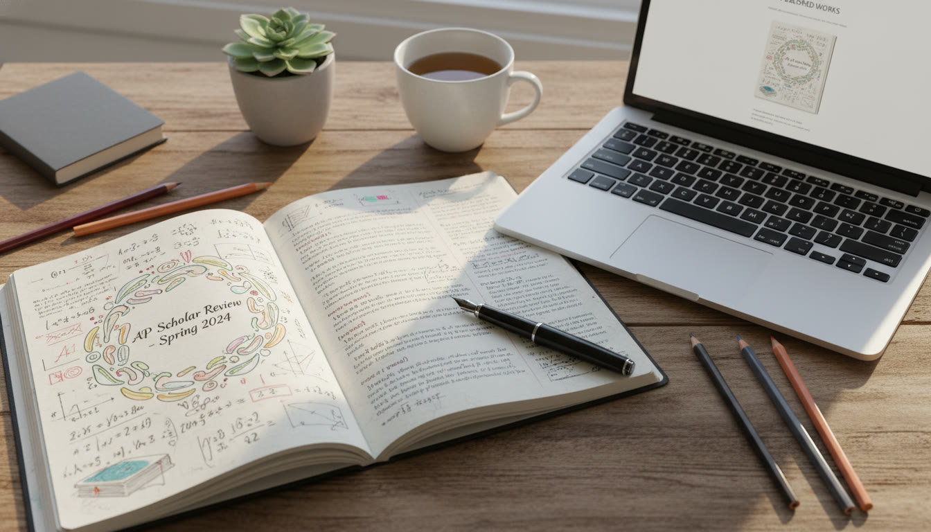 Photo Idea : A published student journal spread on a wooden table next to a laptop and pen—symbolic, aspirational, representing the moment between student work and public recognition.