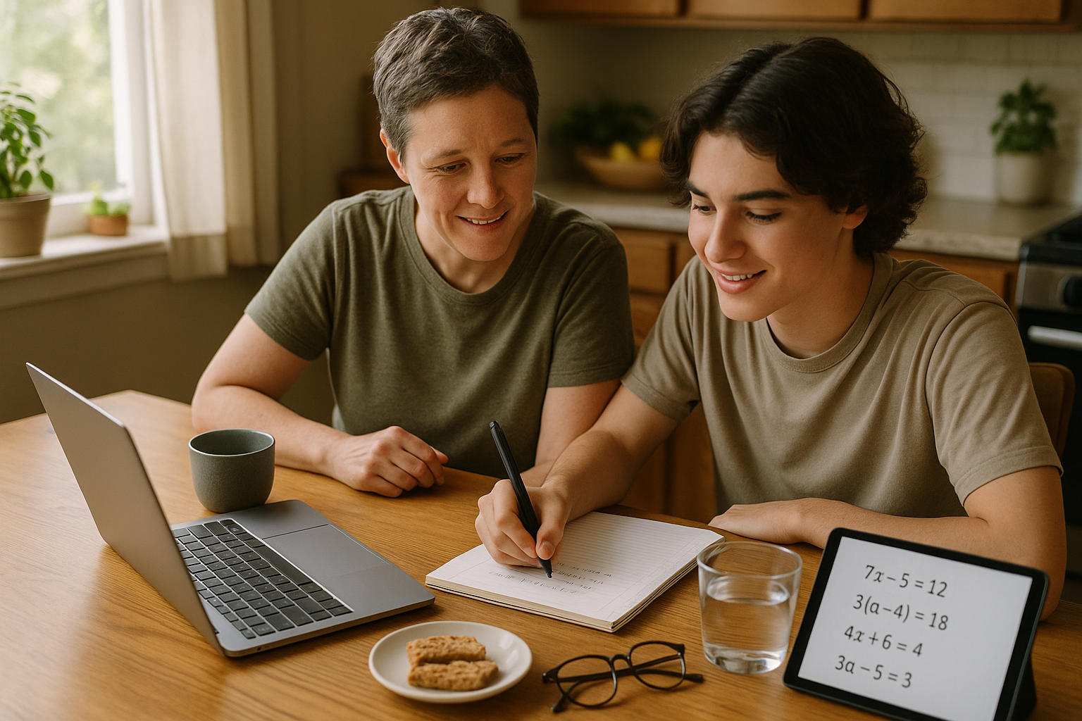 Photo Idea : A parent and teen sitting at a kitchen table with a laptop open, a tablet showing practice problems, and a notepad with a checklist—natural light, relaxed atmosphere.