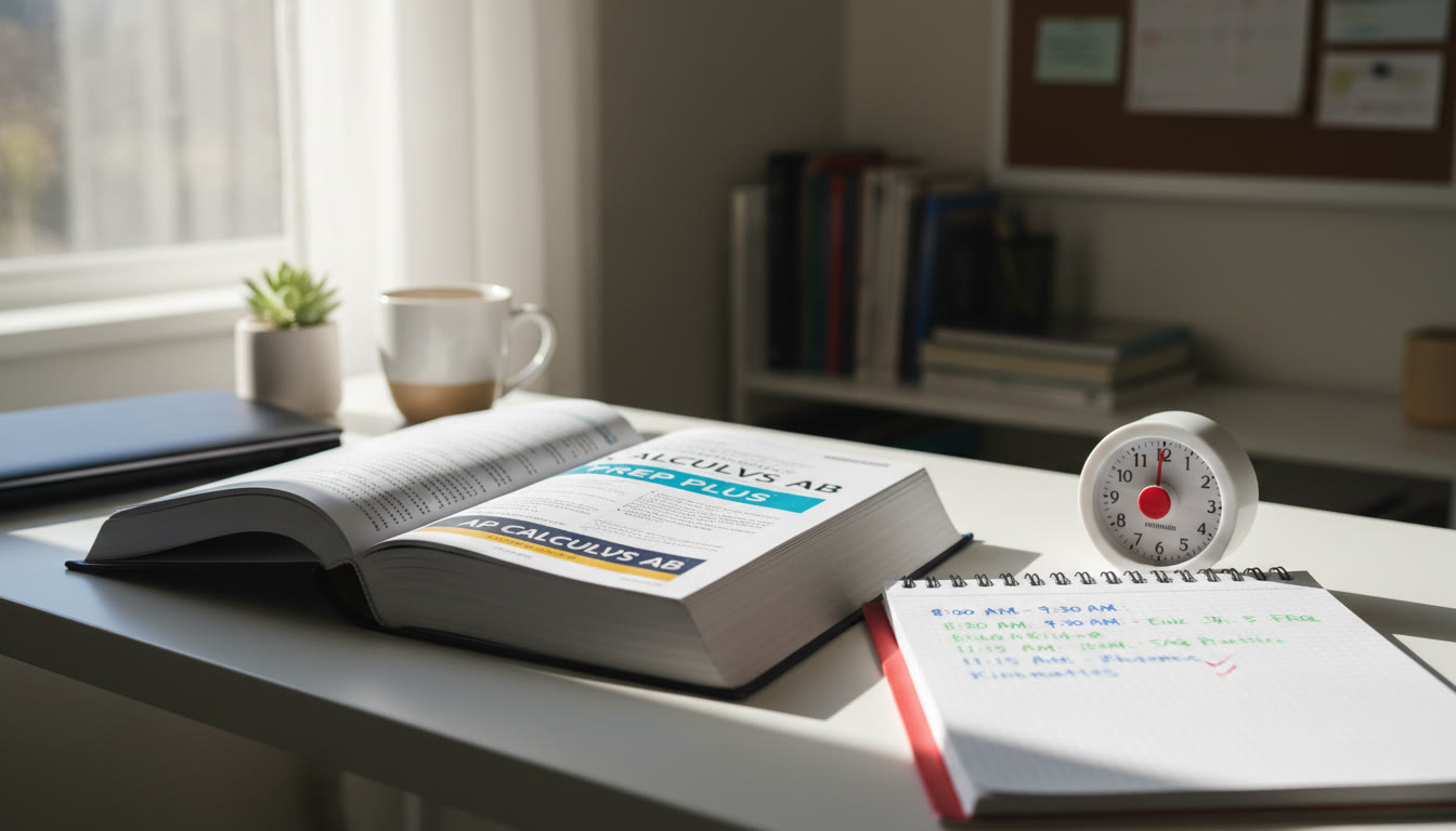 Photo Idea : A tidy desk with an open AP prep book, a notebook with a timeboxed schedule written in colored pens, and a small kitchen timer—bright natural light and a calm, focused vibe.