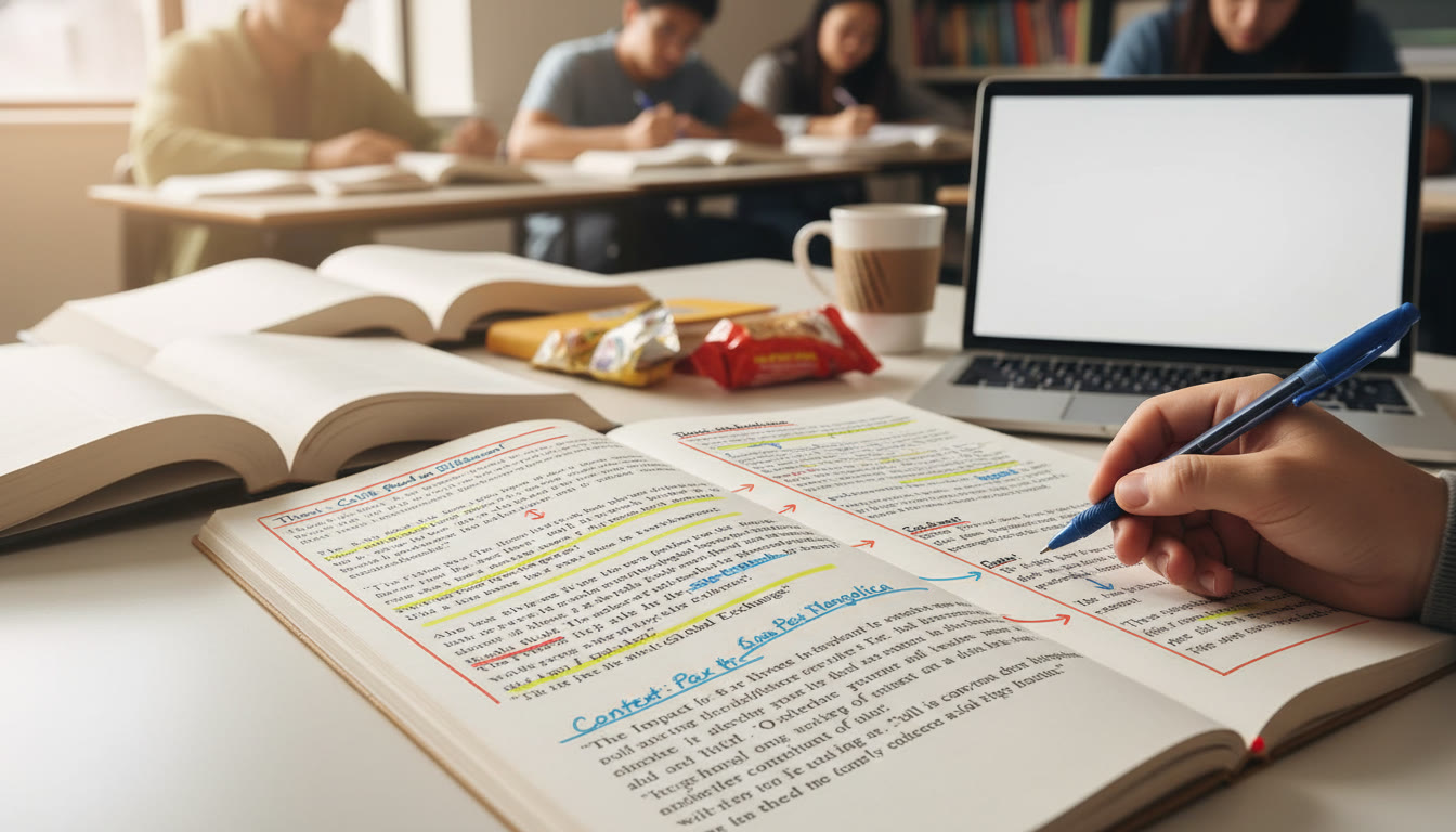 Photo Idea : A close-up of a student’s annotated DBQ packet, pen poised, with highlighted quotes and arrows connecting evidence to claims. Natural, classroom lighting suggests focused study.