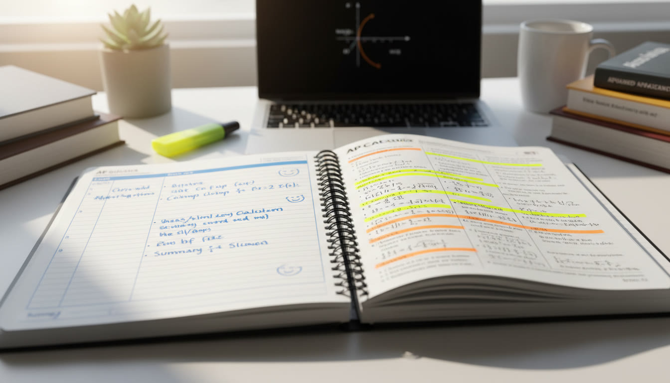 Photo Idea : A warm, candid photo of a student’s open notebook showing a Cornell page on one side and annotated textbook on the other—soft natural light, a highlighter and a laptop nearby. This sits near the top of the article to illustrate active study flow.