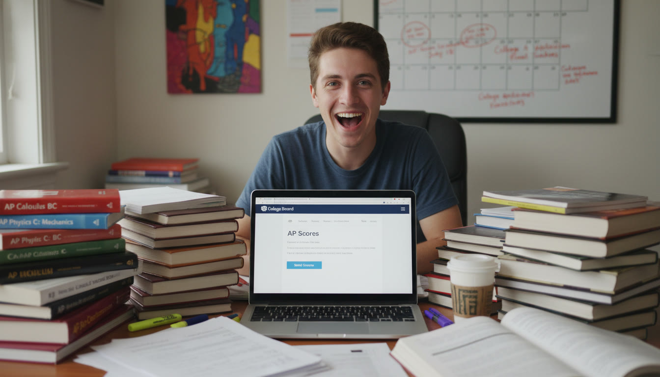 Photo Idea : A student at a desk surrounded by AP prep notes, a laptop with the College Board site visible, and a calendar marking score send deadlines. This image should appear near the top of the article to visually anchor the topic.