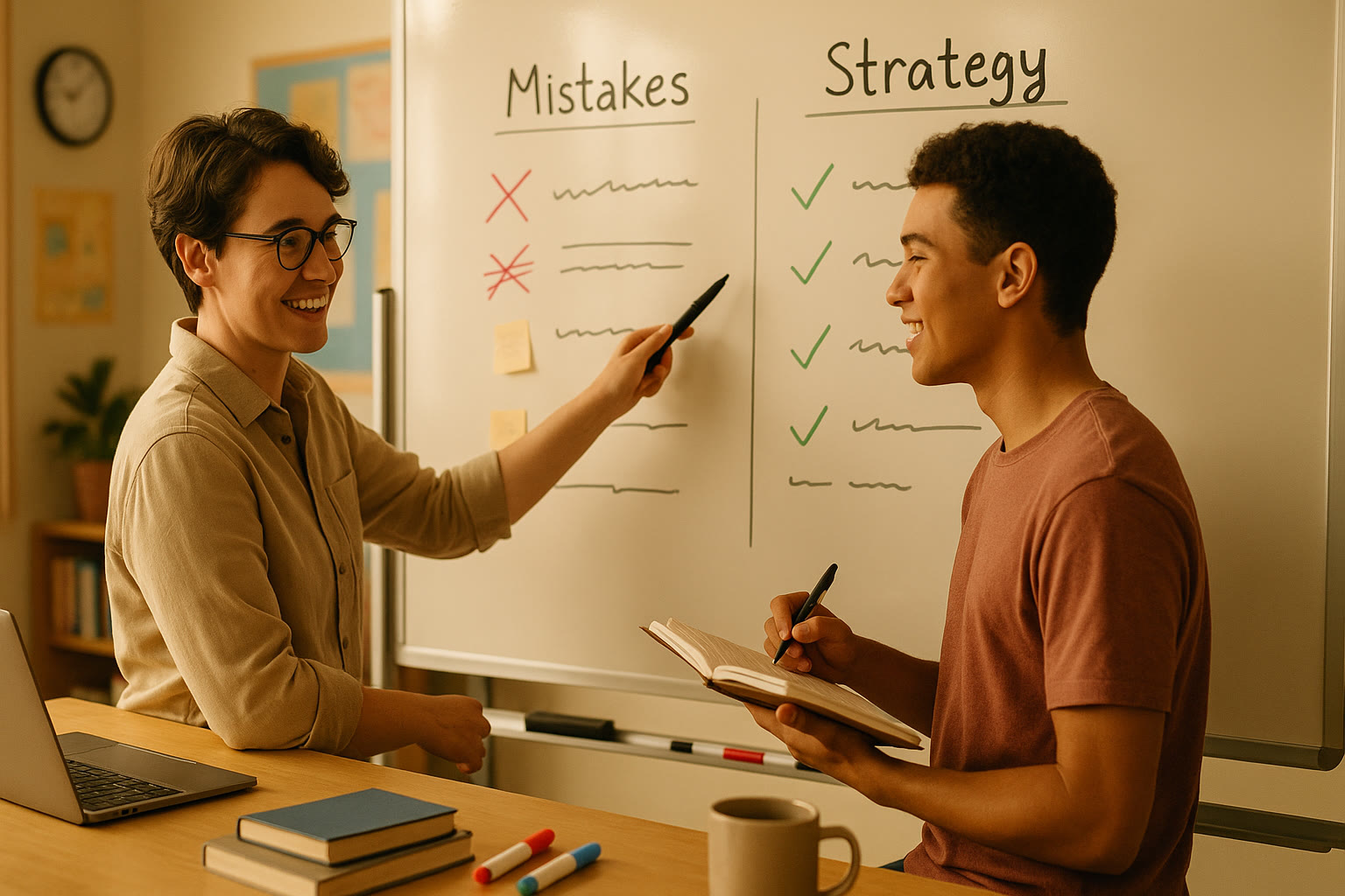 Photo Idea : A tutor and student working side-by-side on a whiteboard, mapping mistakes to strategy; warm classroom atmosphere to convey collaboration.
