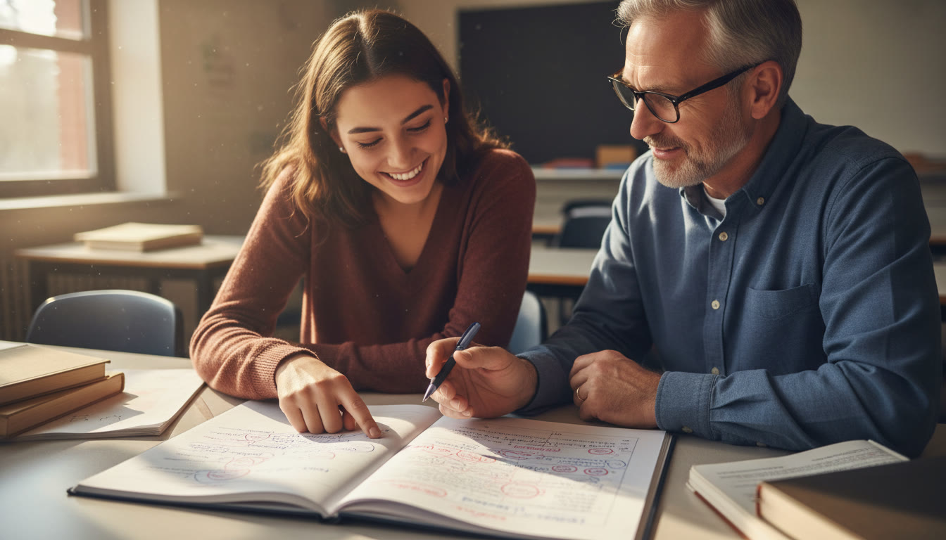 Photo Idea : A student and teacher leaning over a graded AP-style essay in a sunlit classroom, pointing at specific highlights and notes on the paper; conveys focused, positive collaboration.