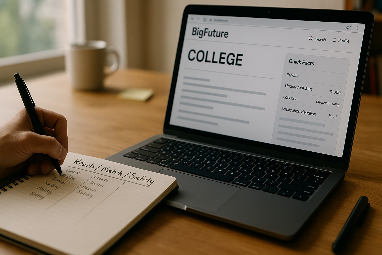 Photo Idea : A close-up of a laptop showing a BigFuture college profile page next to a notebook where a student is writing “reach/match/safety” lists.