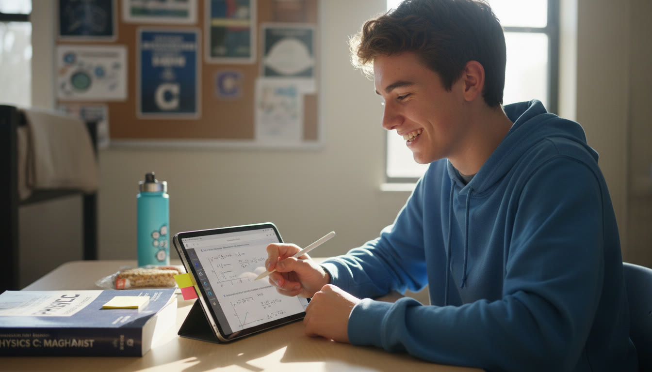 Photo Idea : A bright, candid shot of a high school student working through a calculus problem on a tablet with a physics textbook beside them—conveys focused study and STEM ambition.