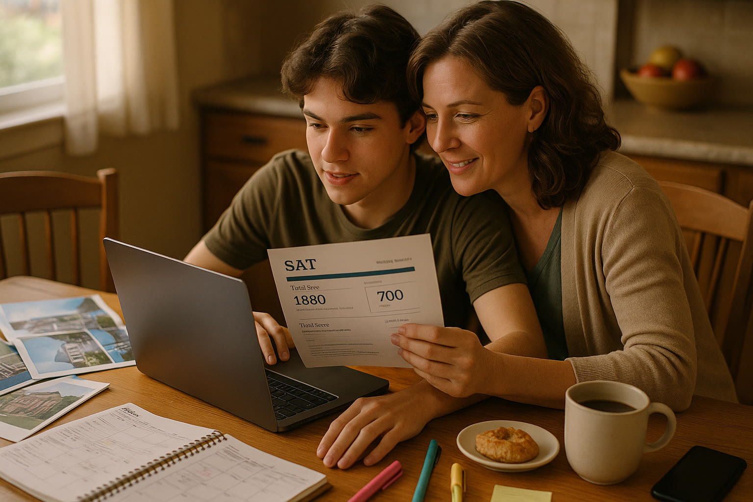 Photo Idea : A cozy kitchen table scene—student and parent looking over a laptop and a printed SAT score report, surrounded by college brochures and a planner.