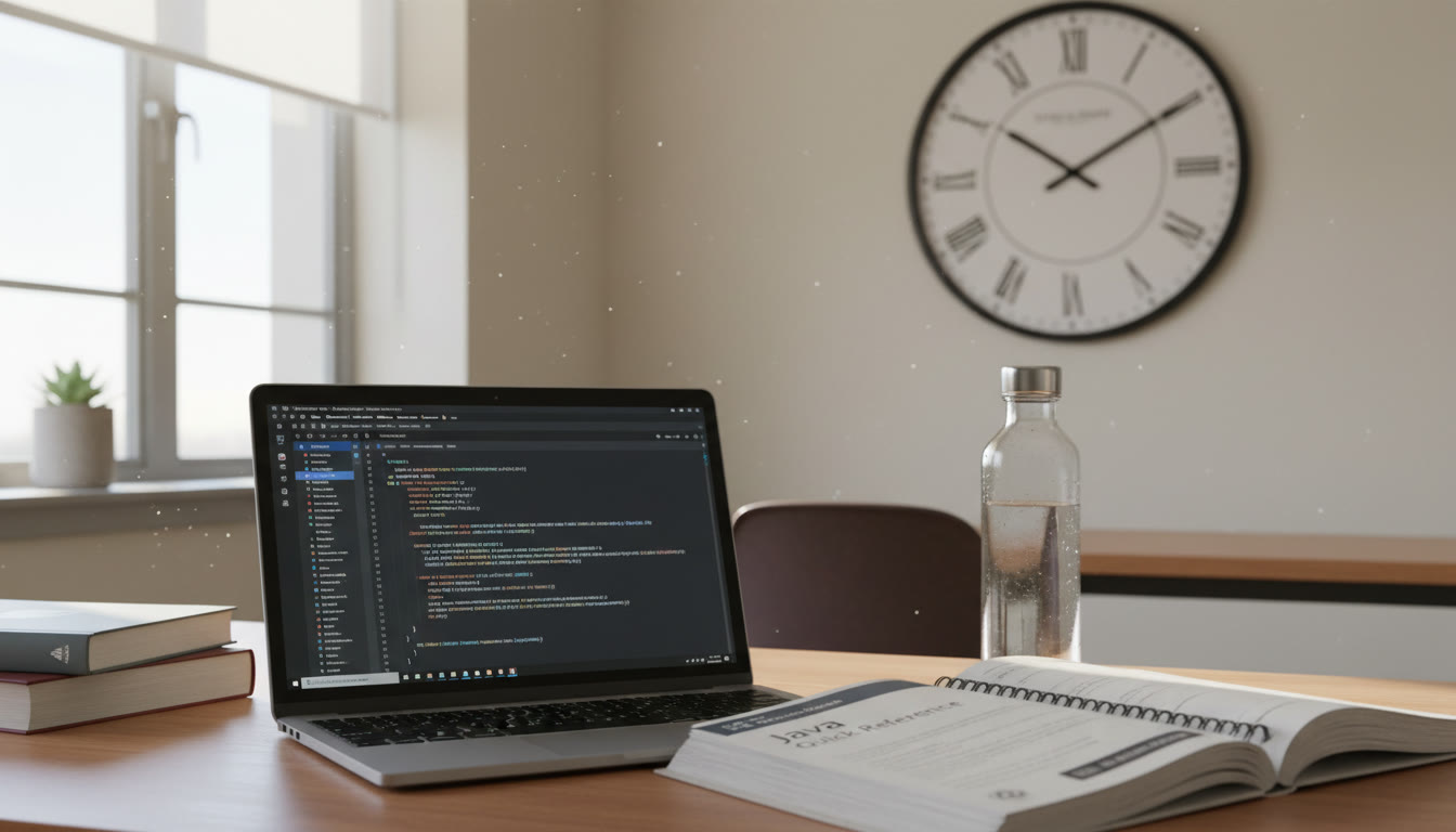 Photo Idea : A quiet study room with a laptop open to a coding environment, a printed Java Quick Reference beside it, water bottle, and a clock visible — conveys focused digital-exam practice.