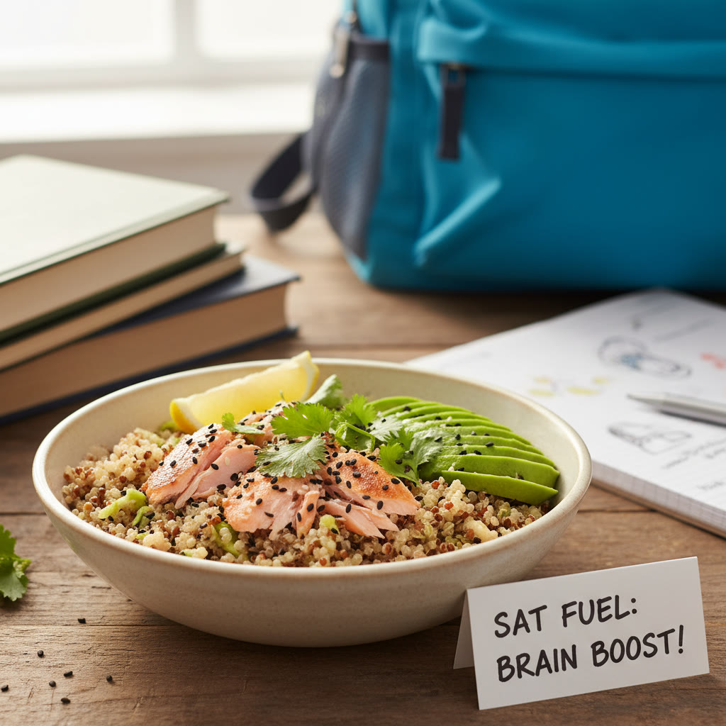 Close-up of a quinoa bowl with salmon, avocado slices, and a lemon wedge — a test-day-friendly balanced lunch idea.
