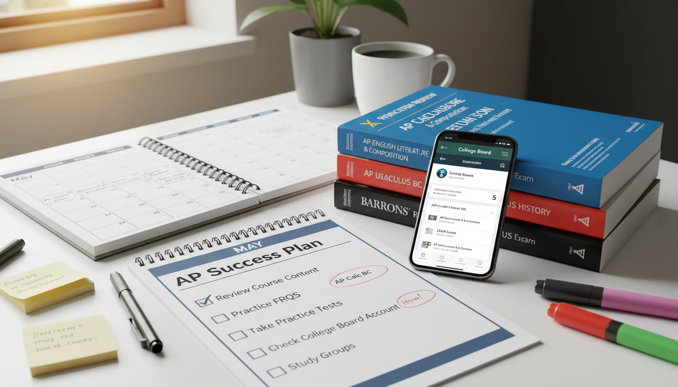 Photo Idea : A helpful checklist on a desk with a calendar, test prep books, and a smartphone showing a College Board account   emphasizes organized planning and modern tools for score management.