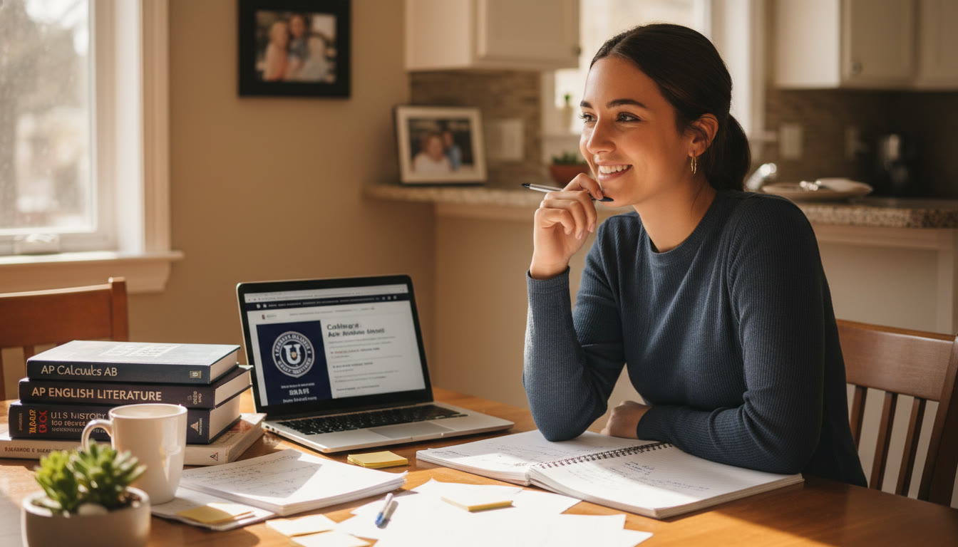 Photo Idea : A candid photo of a high school student studying at a kitchen table with AP textbooks, notes, and a laptop open to a college website—natural light, warm tone, capturing focus and planning.