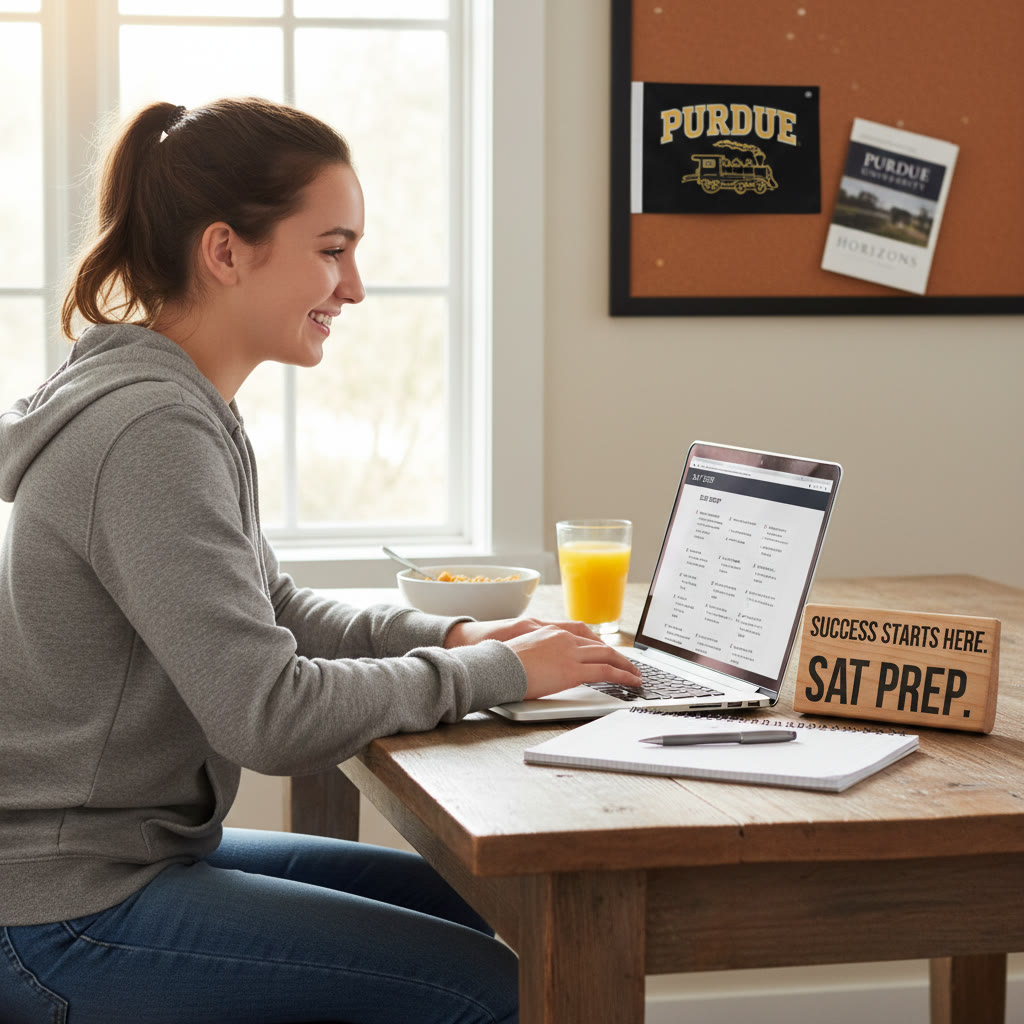 Photo Idea : A confident high-school student studying on a laptop at a kitchen table with Purdue paraphernalia in the background (a small flag, a brochure). Natural morning light, relaxed focus.