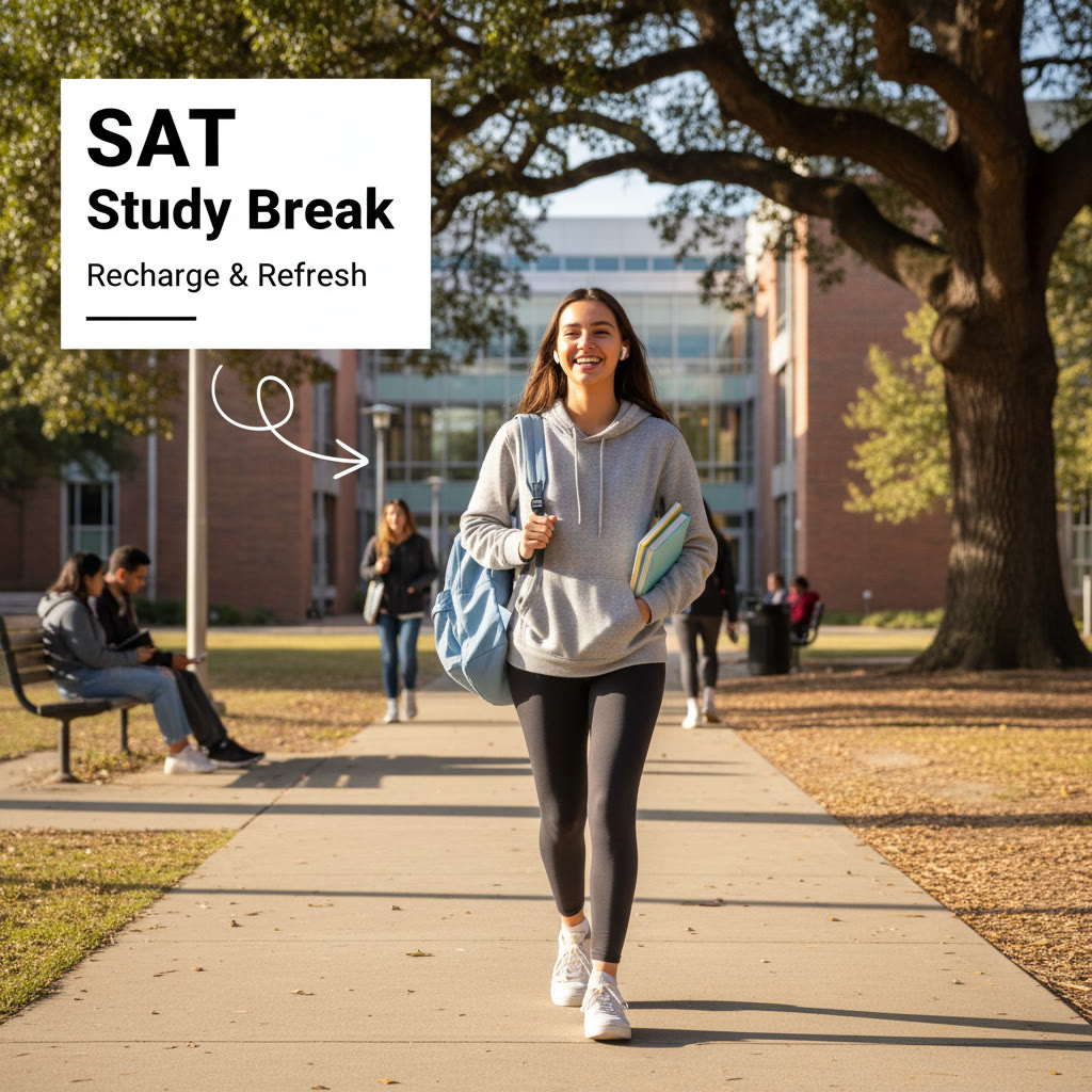 Snapshot of a student mid-walk outside with earbuds—illustrates movement break during a long study day