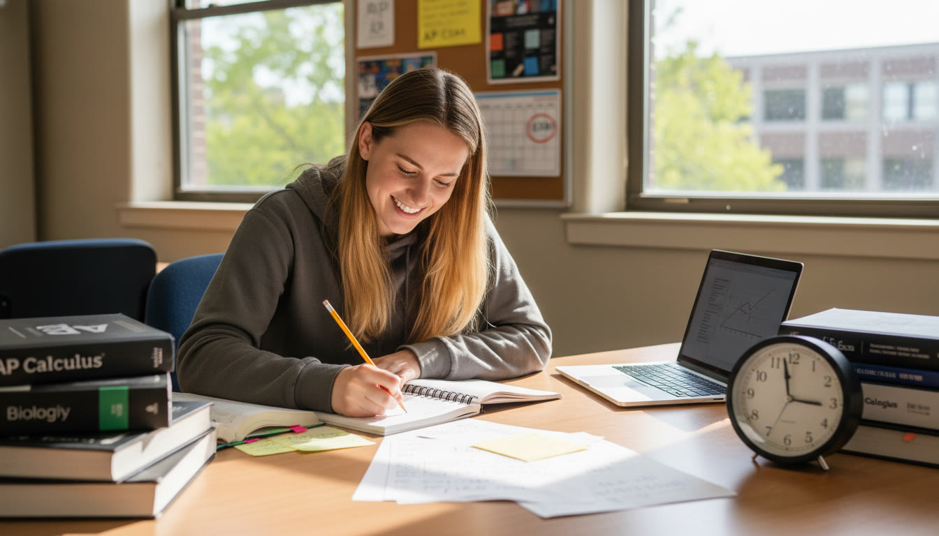 Photo Idea : A student writing at a desk with textbooks and notes spread out, a clock showing time pressure—visualizes the balance of depth and speed.