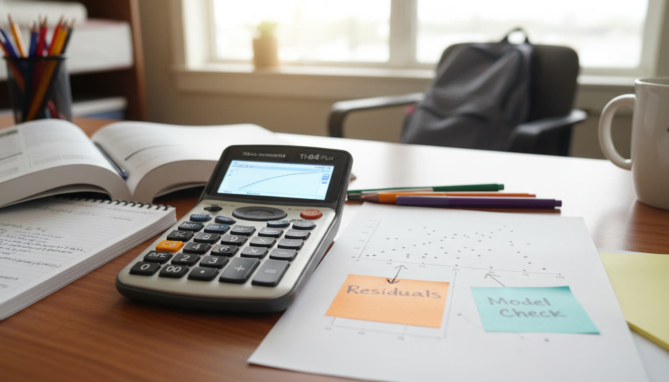 Photo Idea : A close-up photo of a student’s desk with a graphing calculator, a scatterplot printed on paper, and colorful sticky notes labeled “Residuals” and “Model Check” to convey hands-on study and examination.