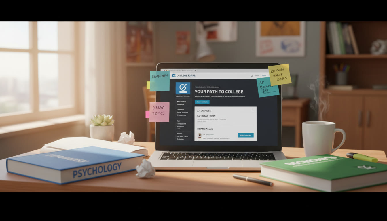 Photo Idea : A bright, inviting study desk with two open textbooks—one labeled Psychology and the other Economics—plus a laptop showing a college planning webpage. Natural light, sticky notes, and a coffee mug to suggest focused, thoughtful decision-making.