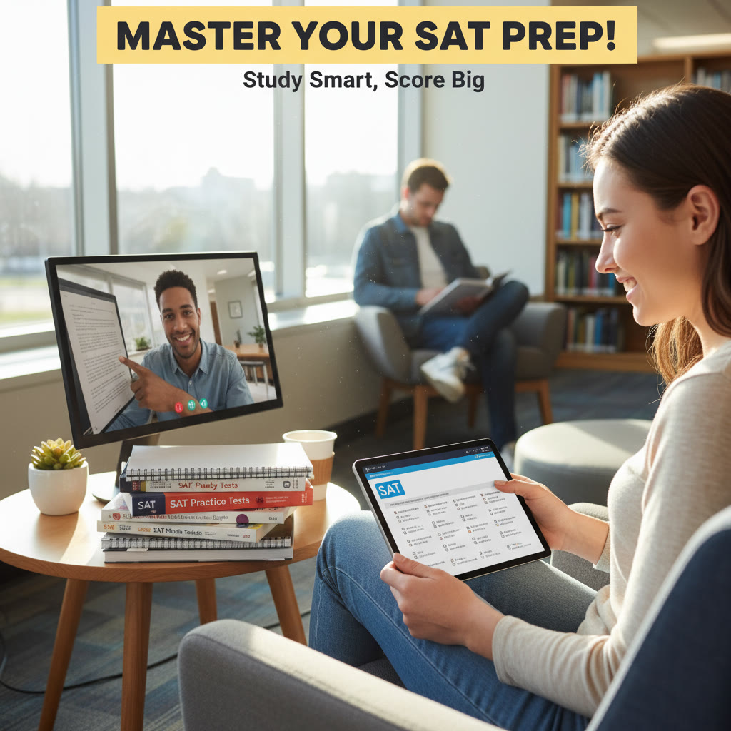 Photo Idea : A student practicing on a tablet in a quiet library nook, with a tutor on a video call visible on a second screen; a stack of practice tests sits nearby.
