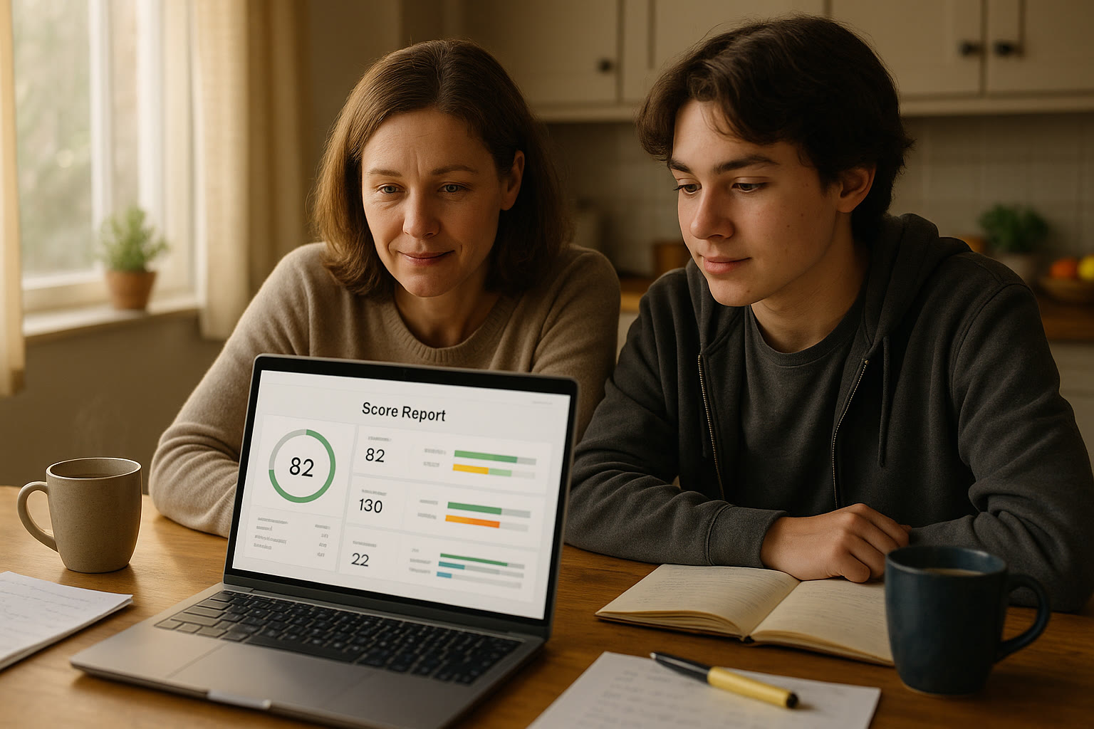 Photo Idea : A calm parent and student sitting at a kitchen table with a laptop, reviewing a digital score report together over coffee; warm daylight, relaxed posture, papers and a highlighter nearby.