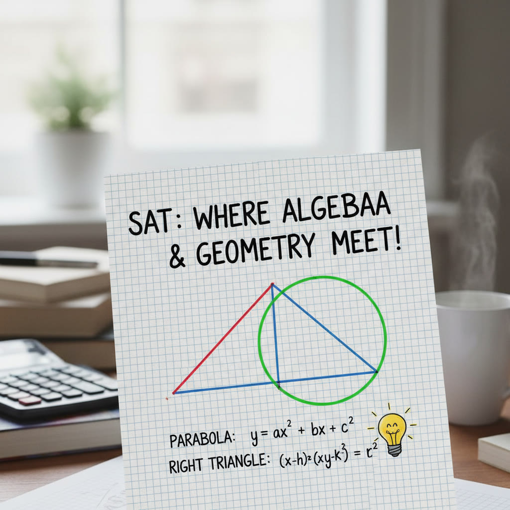 Graph paper close-up showing a parabola, a circle, and a right triangle sketched together to illustrate how algebra and geometry intersect on the SAT.
