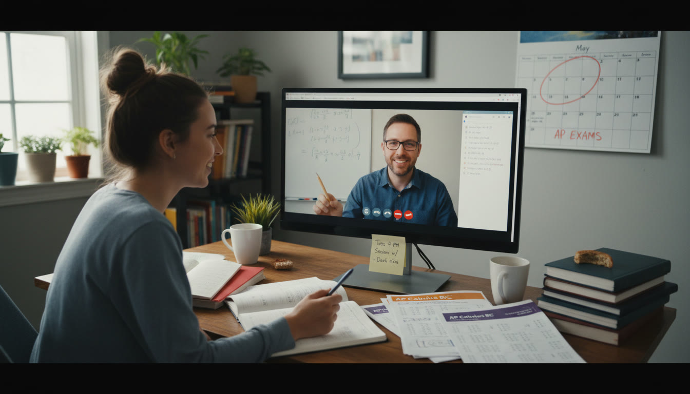 Photo Idea : A small, cozy scene of a tutoring session (student and tutor on a video call), with notes, practice problems, and a calendar showing May circled—illustrates personalized tutoring and exam timing coordination.