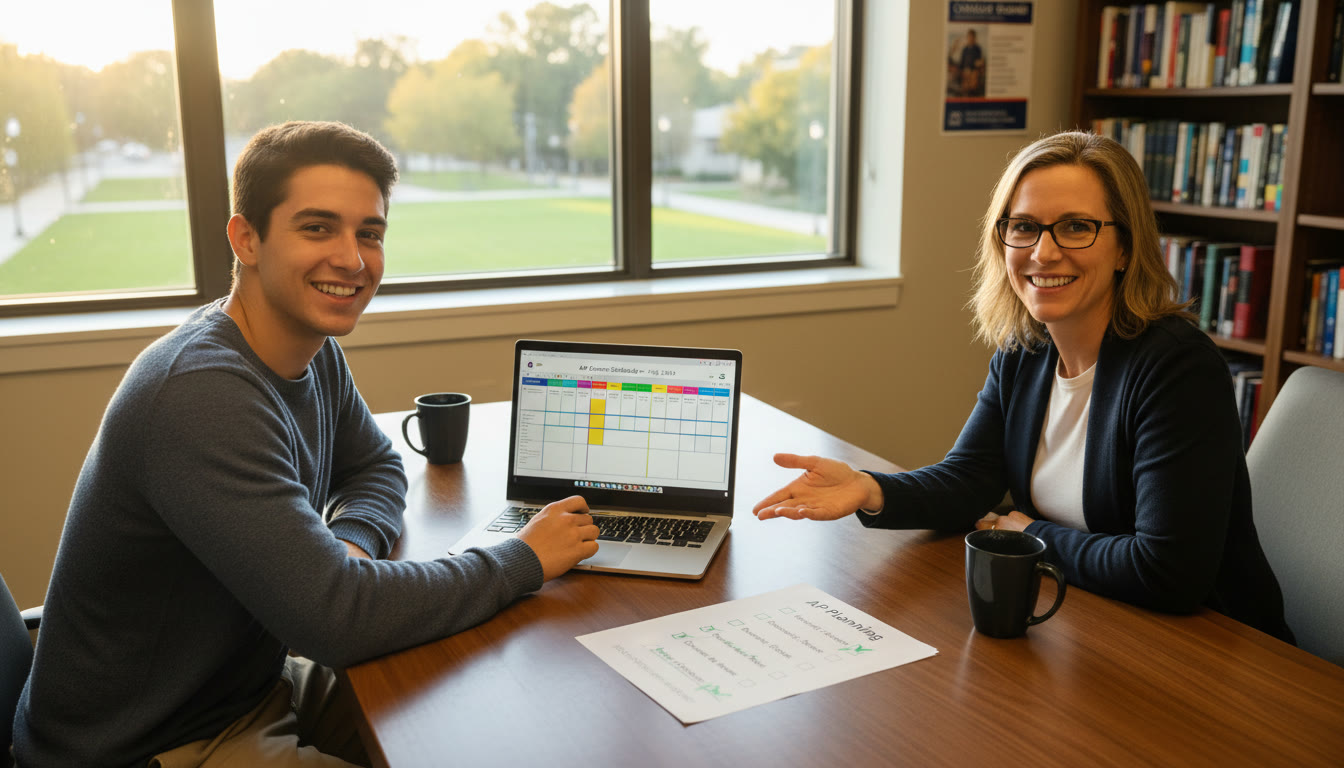 Photo Idea : A warm, candid photo of a student meeting with an academic advisor in a campus building, with a visible checklist and laptop showing a course plan — conveys planning, confidence, and guidance.