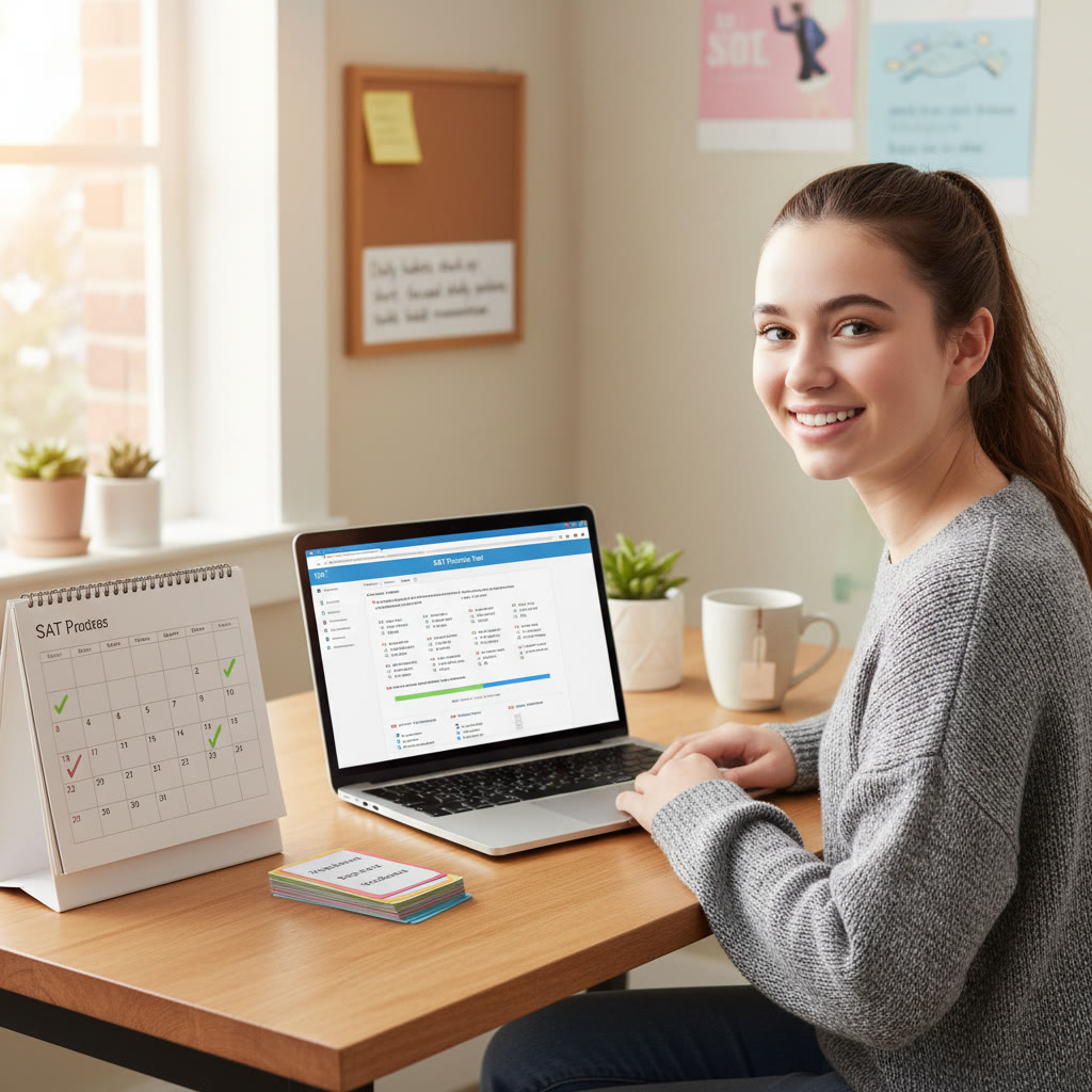 Photo idea: A student sitting at a tidy desk with a calendar, flashcards, and a laptop open to a practice test—caption: