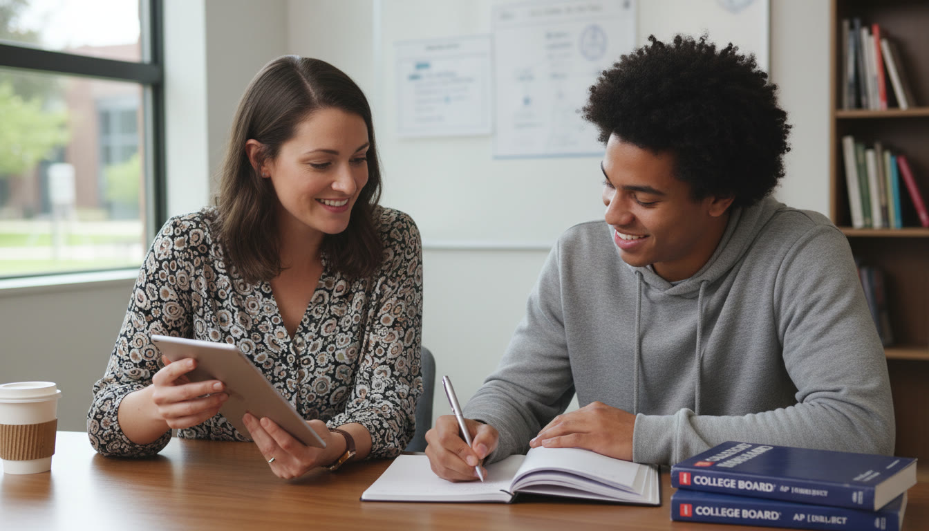 Photo Idea : A close-up photo showing a tutor or teacher pointing at a rubric while a student takes notes — emphasizes one-on-one guidance and collaborative feedback.